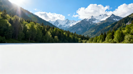 Mountain lake with clear water and snow-capped peaks in the backgroundの素材
