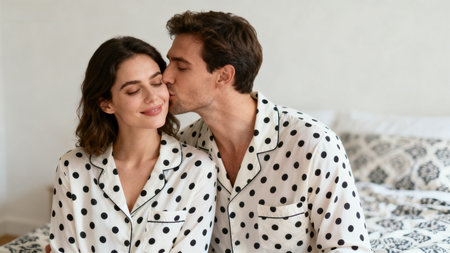 Young couple in pajamas kissing while sitting on bed at homeの素材
