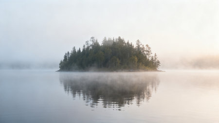 Foggy morning on the lake. Landscape with fog and treesの素材