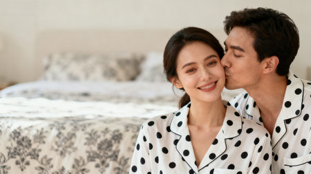 Happy Asian couple in bathrobes kissing in bedroom at home.の素材