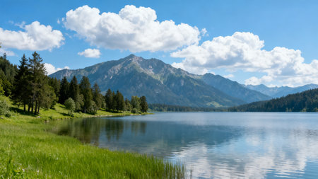 Panoramic view of a mountain lake in Bavaria, Germanyの素材