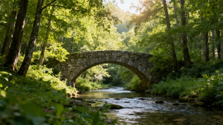 Old stone bridge over the river in the forest. Summer landscape.の素材