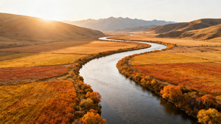 Autumn landscape with a river in the Altai mountains, Russiaの素材