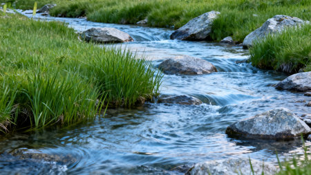 mountain stream with green grass and stones in summer, nature seriesの素材