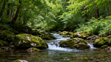Mountain river flowing through the green forest. Beautiful summer landscape.の素材
