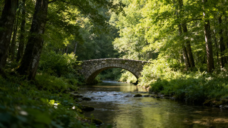 Old stone bridge over a river in the woods. Summer landscape.の素材