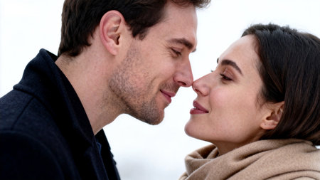 Couple in love, man and woman looking at each other and smilingの素材