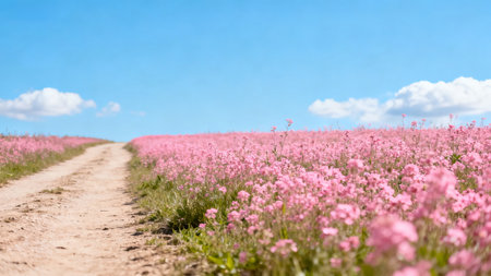 Field of pink flowers and blue sky with clouds. Panorama.の素材