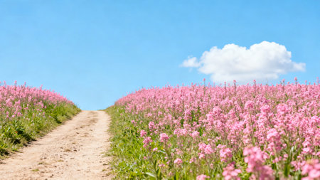 Field of pink flowers on the background of the blue sky with cloudsの素材