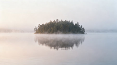 Misty morning on the lake in the forest. Landscape.の素材