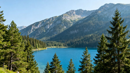 Panoramic view of turquoise lake in the mountains.の素材