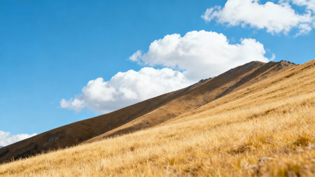 Mountain landscape with dry grass and blue sky with white clouds.の素材