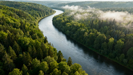 Aerial view of the river and forest in the morning mist.の素材