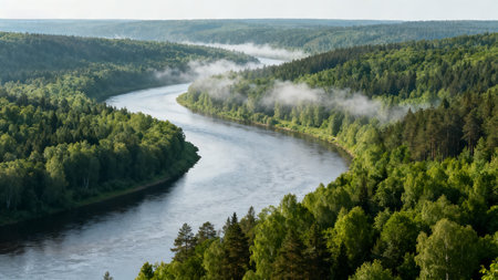 Panoramic view of the river and forest in the morning.の素材