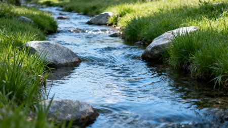 Small stream in the green meadow in summer. Natural background.の素材