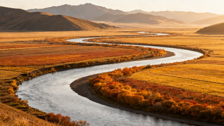 Autumn tundra and river in the Altai Republic, Russiaの素材