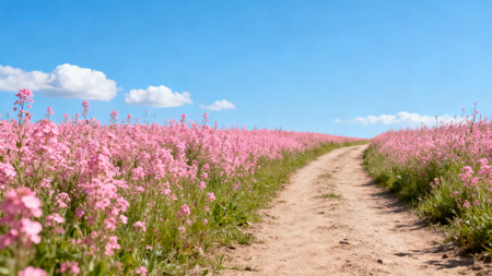 Pink flower field and blue sky with clouds. Panoramic view.の素材