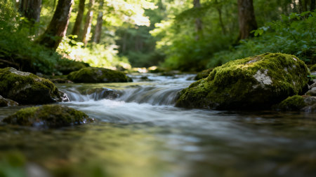Mossy boulders in a stream of water in the forestの素材