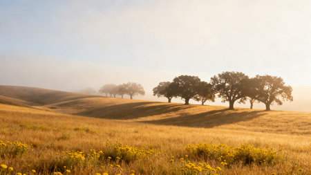 Landscape of Tuscany with oak trees and yellow wildflowersの素材