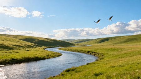 Landscape with a river and seagulls flying over itの素材