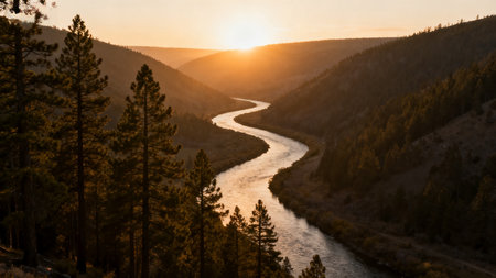 Sunset over the Yellowstone River in Yellowstone National Park, Wyoming.の素材