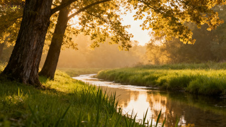 Autumn landscape with trees and river at sunset. Shallow depth of fieldの素材