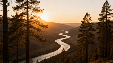 Sunset over the Yellowstone River in Yellowstone National Park, Wyoming.の素材
