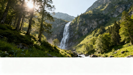 waterfall in the mountains on a sunny day with a white screenの素材