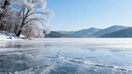 Winter landscape with frozen lake and mountains in the background. Panoramaの素材