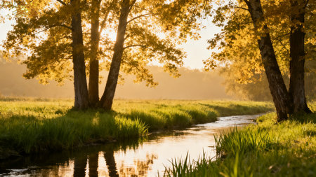 Autumn landscape with river and trees in the morning at sunrise.の素材
