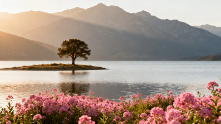 Lonely tree on a lake in the morning light with pink flowersの素材