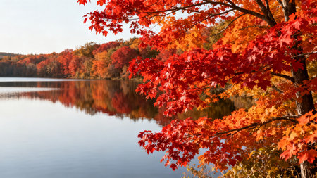 Autumn landscape with a lake and red maple trees in the forestの素材