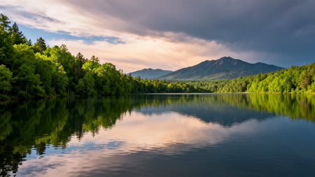 Mountain lake in the forest at sunset. Beautiful summer landscape.の素材