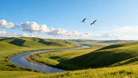 Green grassland with a river and seagulls in the backgroundの素材