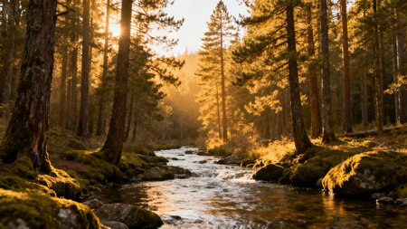Streaming water in the forest at sunset. Beautiful natural landscape.の素材
