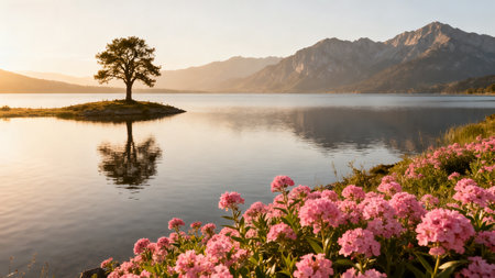 Mountain lake with a tree in the foreground and pink flowers in the foregroundの素材