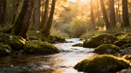 Mossy stones in a small river in the forest at sunsetの素材