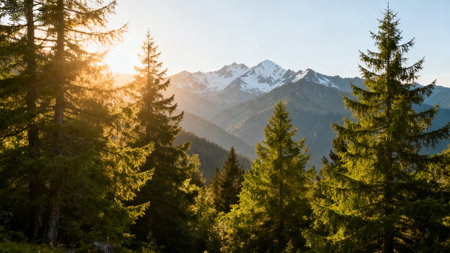 Sunset in the mountains with coniferous forest and snow-capped peaksの素材