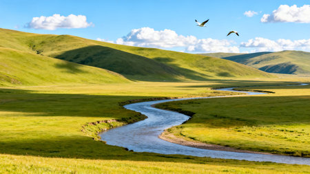Mongolian grassland with river and flock of geeseの素材