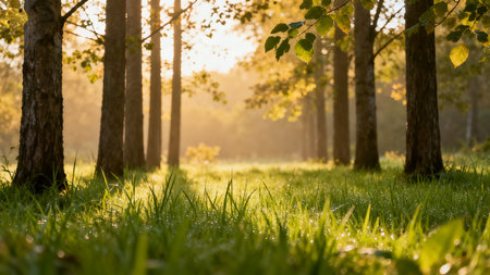 Sunset in the forest with sun rays and bokeh.の素材