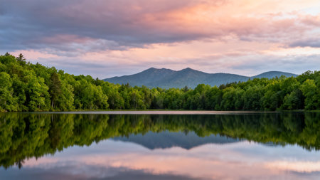 Panoramic view of the lake in the mountains at sunset.の素材