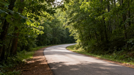 Country road in the forest with trees on both sides of the roadの素材