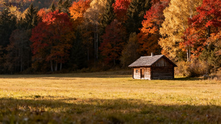 Wooden cabin in autumn forest with yellow and red trees in the backgroundの素材