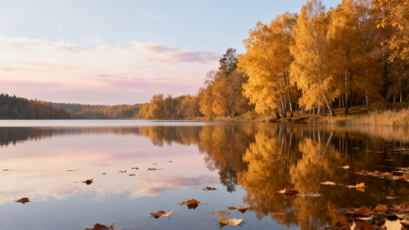 Autumn landscape with a lake and yellow trees in the foreground.の素材