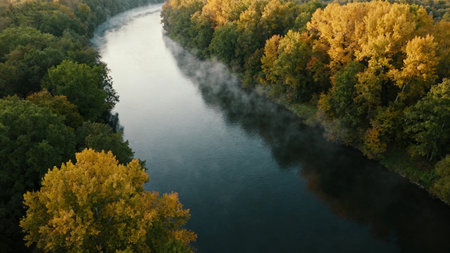 Aerial view of a river in the autumn forest. Top viewの素材