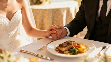Wedding couple holding hands on the background of a restaurant table.の素材
