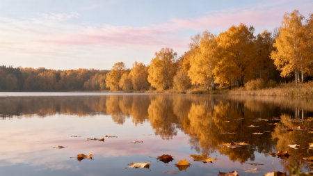 Autumn landscape with lake and yellow trees reflected in water at sunsetの素材
