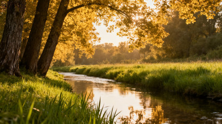Autumn landscape with a small river and yellow trees in the backgroundの素材