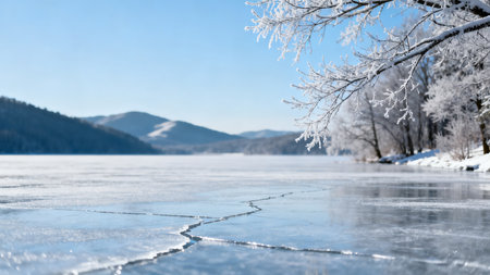 Frozen lake in winter. Winter landscape with frozen lake and mountainsの素材