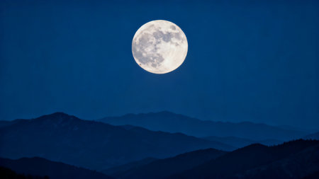 Full moon over the mountains in Carpathian Mountains, Ukraine.の素材